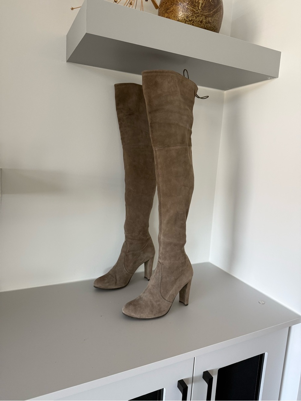 Stuart Weitzman Highland Taupe Suede Over-the-Knee Heeled Boots